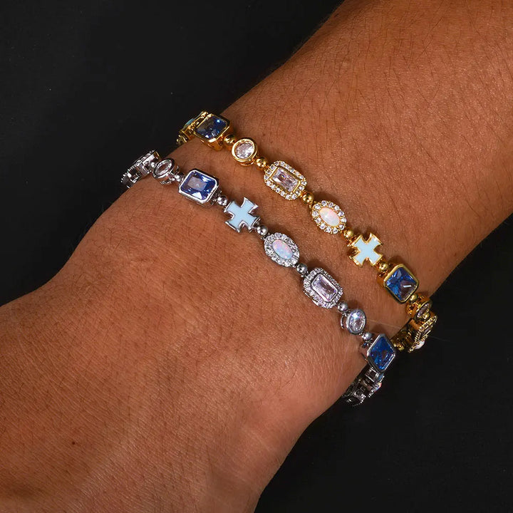 Geometric Oil Drip Blue Cross Bracelet in 6mm Iced Out