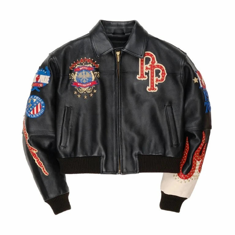 American Vintage Embroidered Leather Jacket Y2K Style