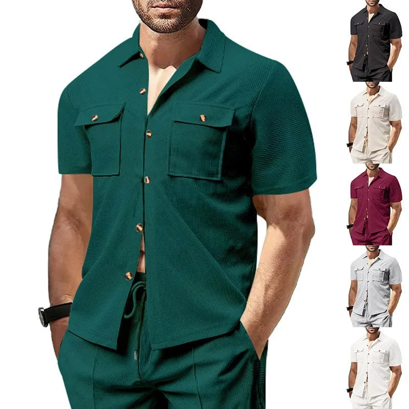 New Summer men's short-sleeved Waffle solid color casual double-pocket short-sleeved shirt