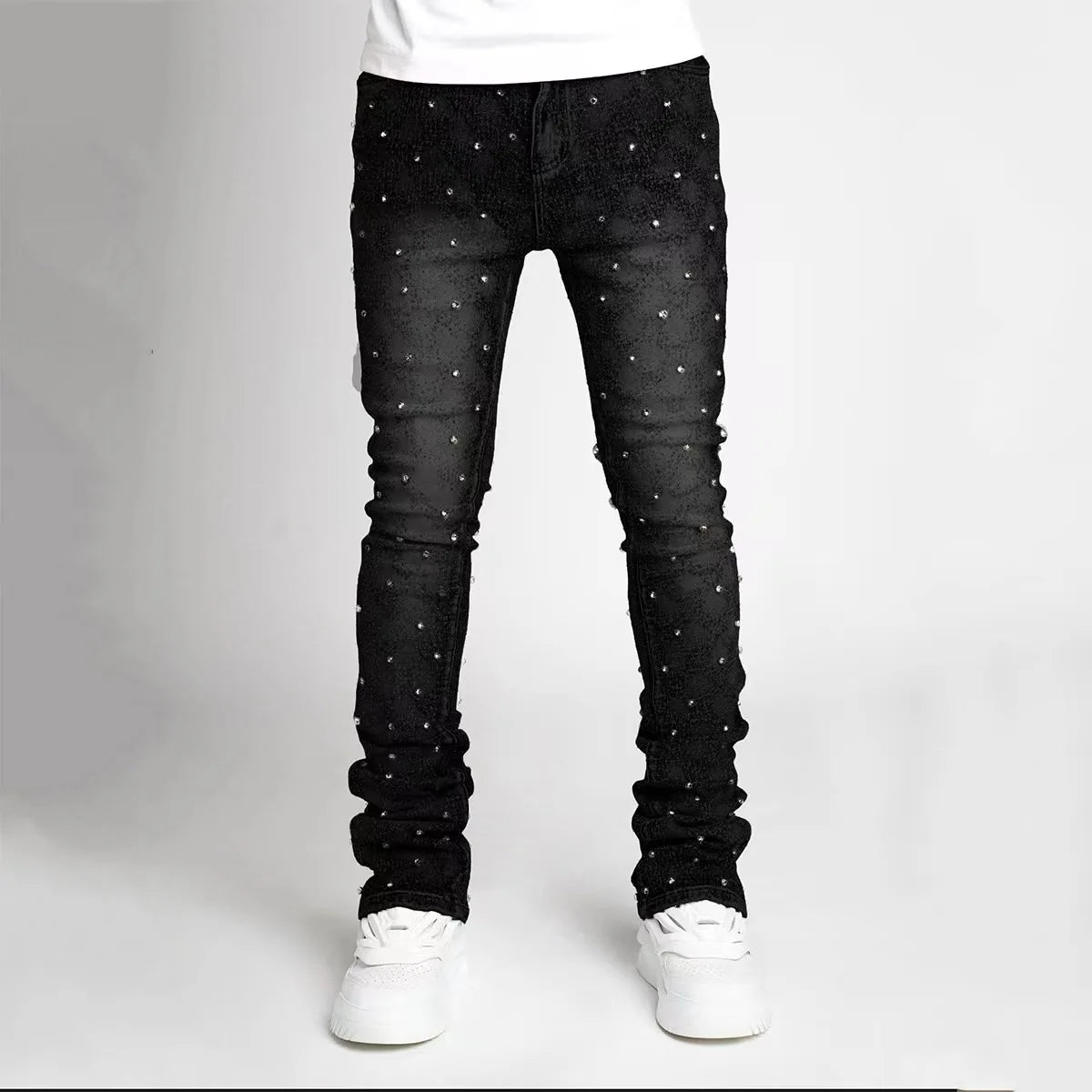 Blue Stretchy Stacked Pearls Skinny Jeans For Men 2024
