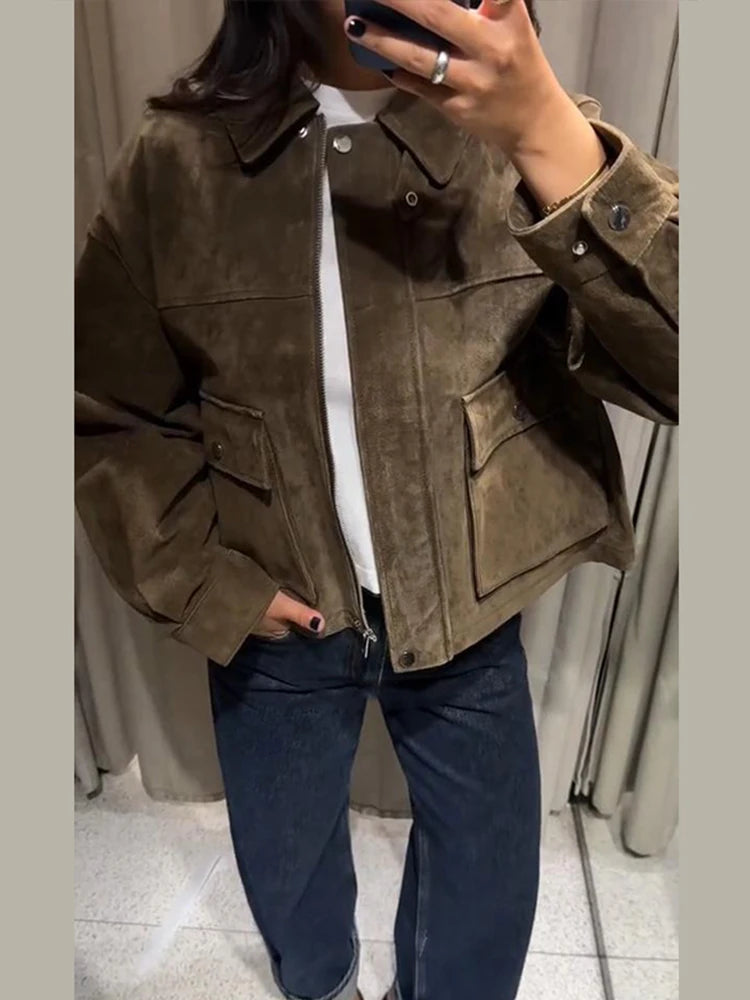 Vintage Turn-down Suede Jacket with Breasted Pocket