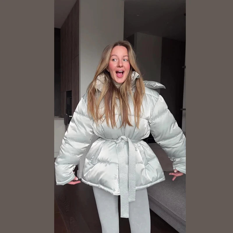 Shiny Colored Women's Down Hooded Winter Jacket with Waist-Defining Belt