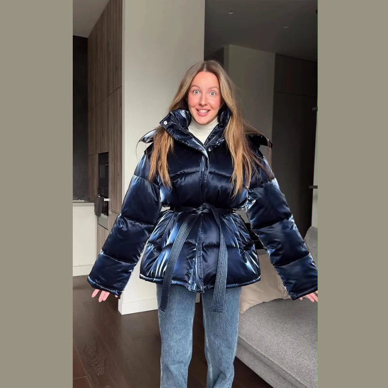 Shiny Colored Women's Down Hooded Winter Jacket with Waist-Defining Belt