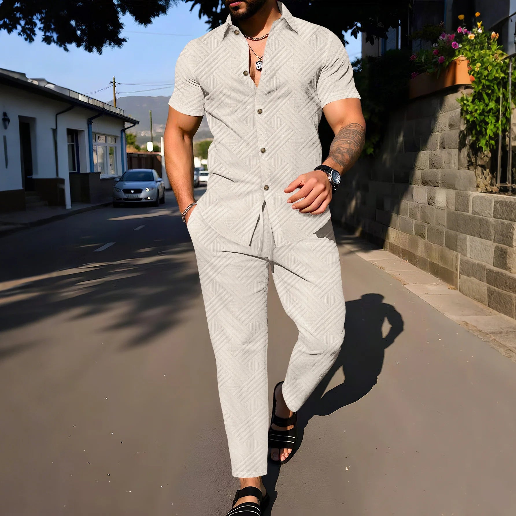 fashionable and trendy two-piece short-sleeved shirt with long pants