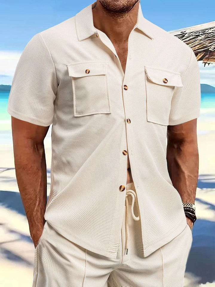 New Summer men's short-sleeved Waffle solid color casual double-pocket short-sleeved shirt