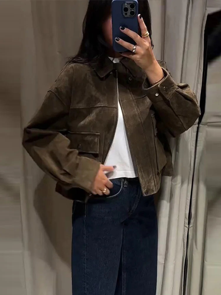 Vintage Turn-down Suede Jacket with Breasted Pocket