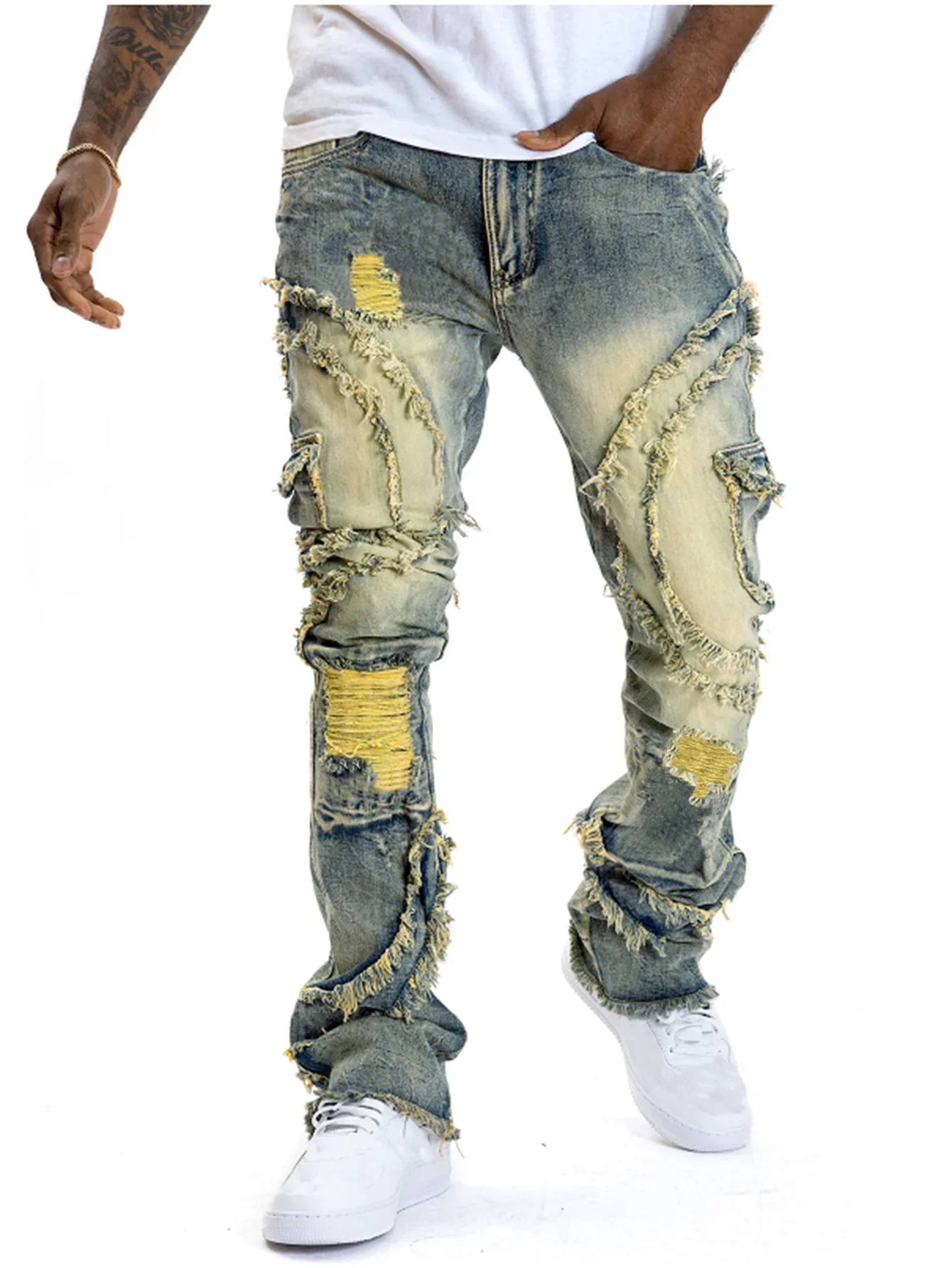 Ripped Stacked Distressed Slim Straight Leg Jeans