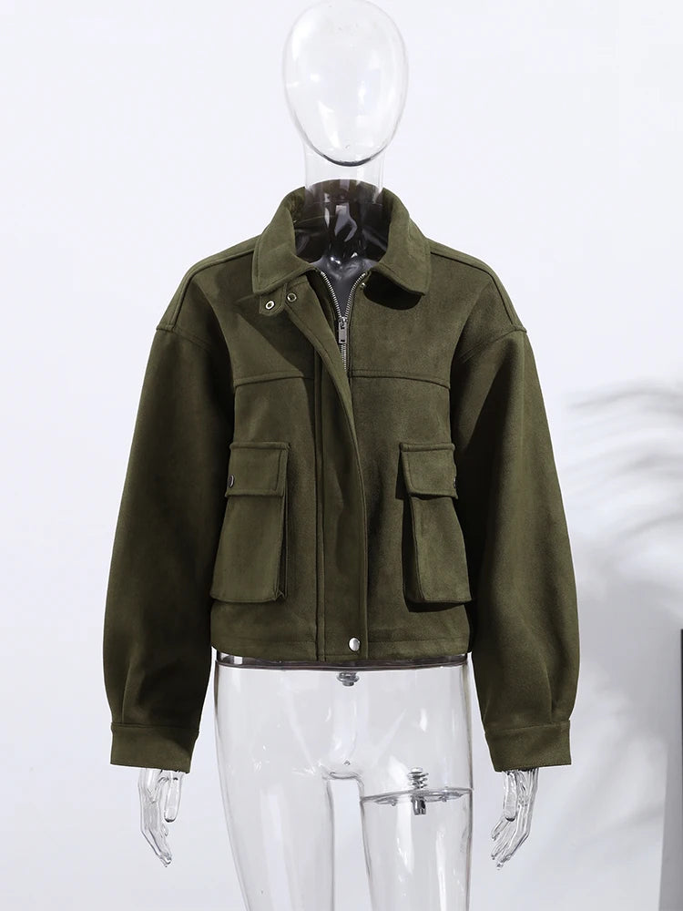 Vintage Turn-down Suede Jacket with Breasted Pocket