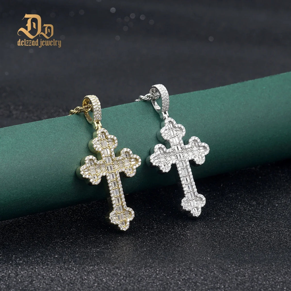 Delzzad 100% S925 Sterling Silver Moissanite Plant Petal Cross Pendant Unisex Shiny High-end Luxury Jewelry Anniversary Party