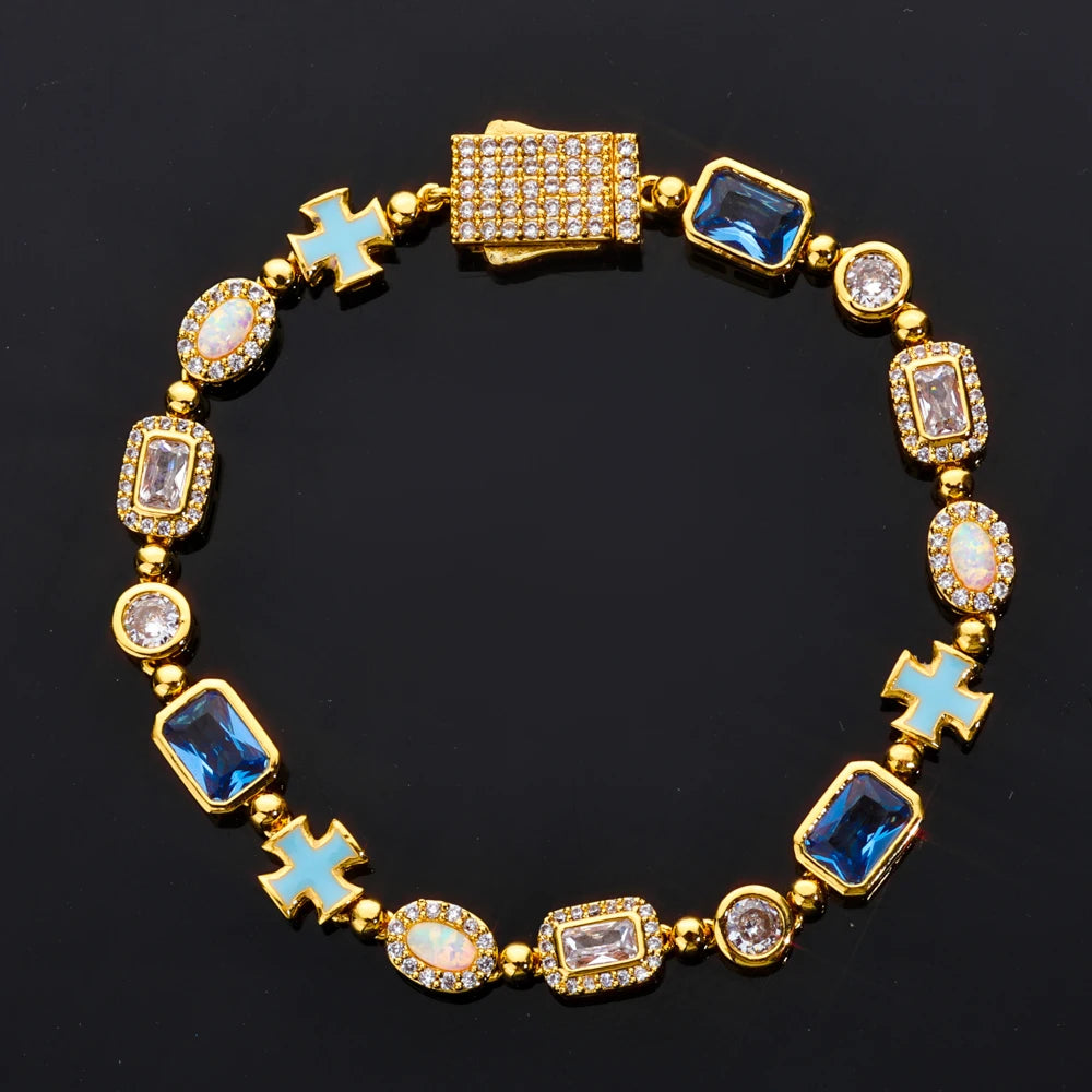 Geometric Oil Drip Blue Cross Bracelet in 6mm Iced Out