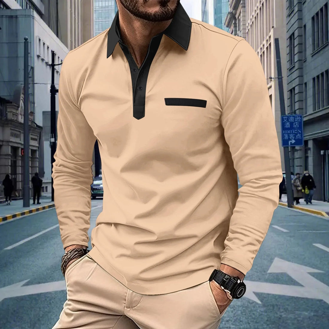 2025 new spring and autumn men with solid color casual button lapel long sleeve pocket POLO shirt shirt