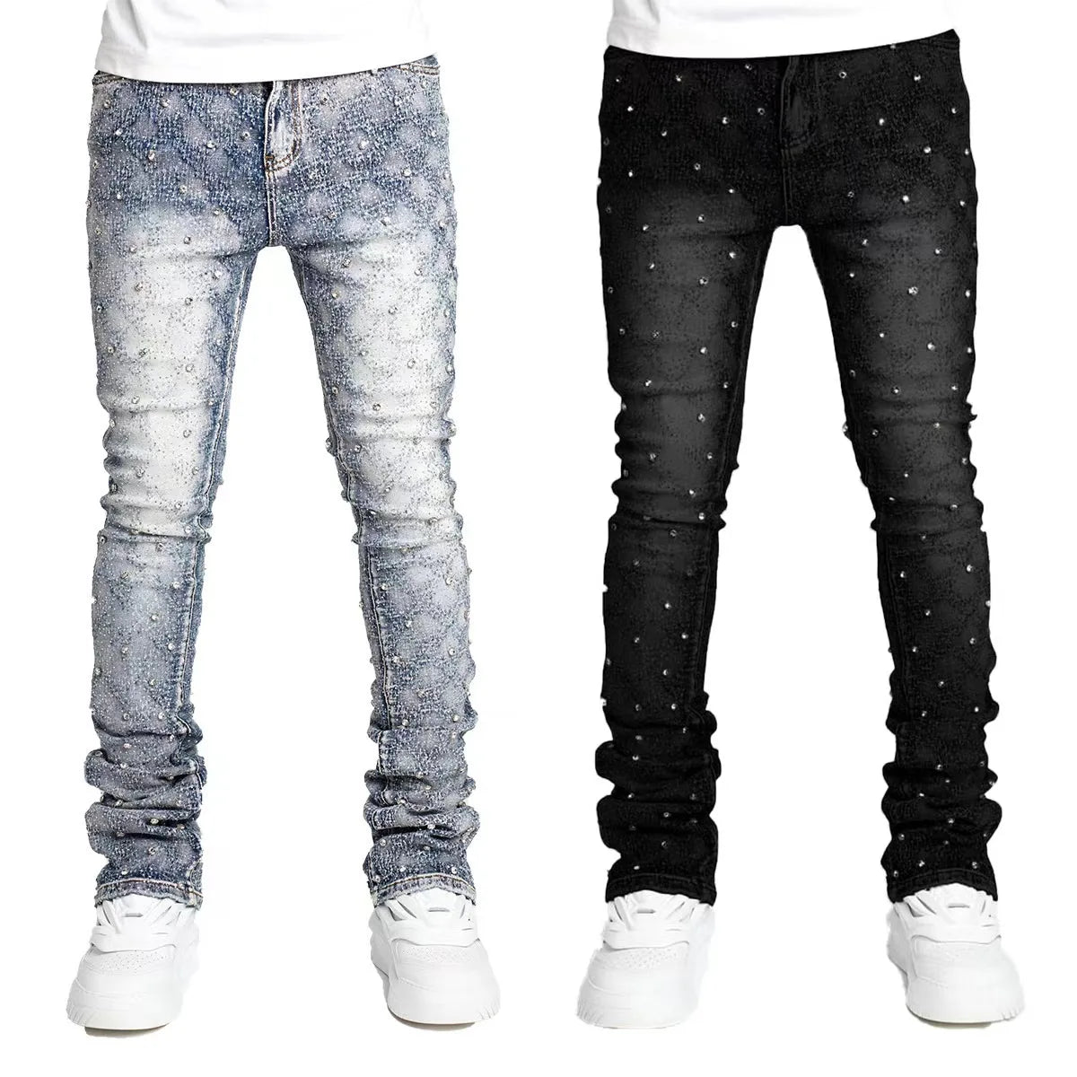 Blue Stretchy Stacked Pearls Skinny Jeans For Men 2024