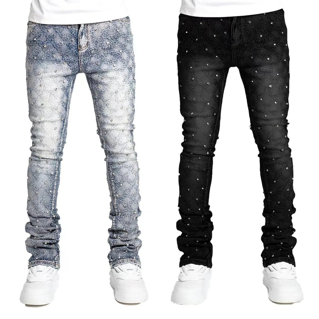Blue Stretchy Stacked Pearls Skinny Jeans For Men 2024