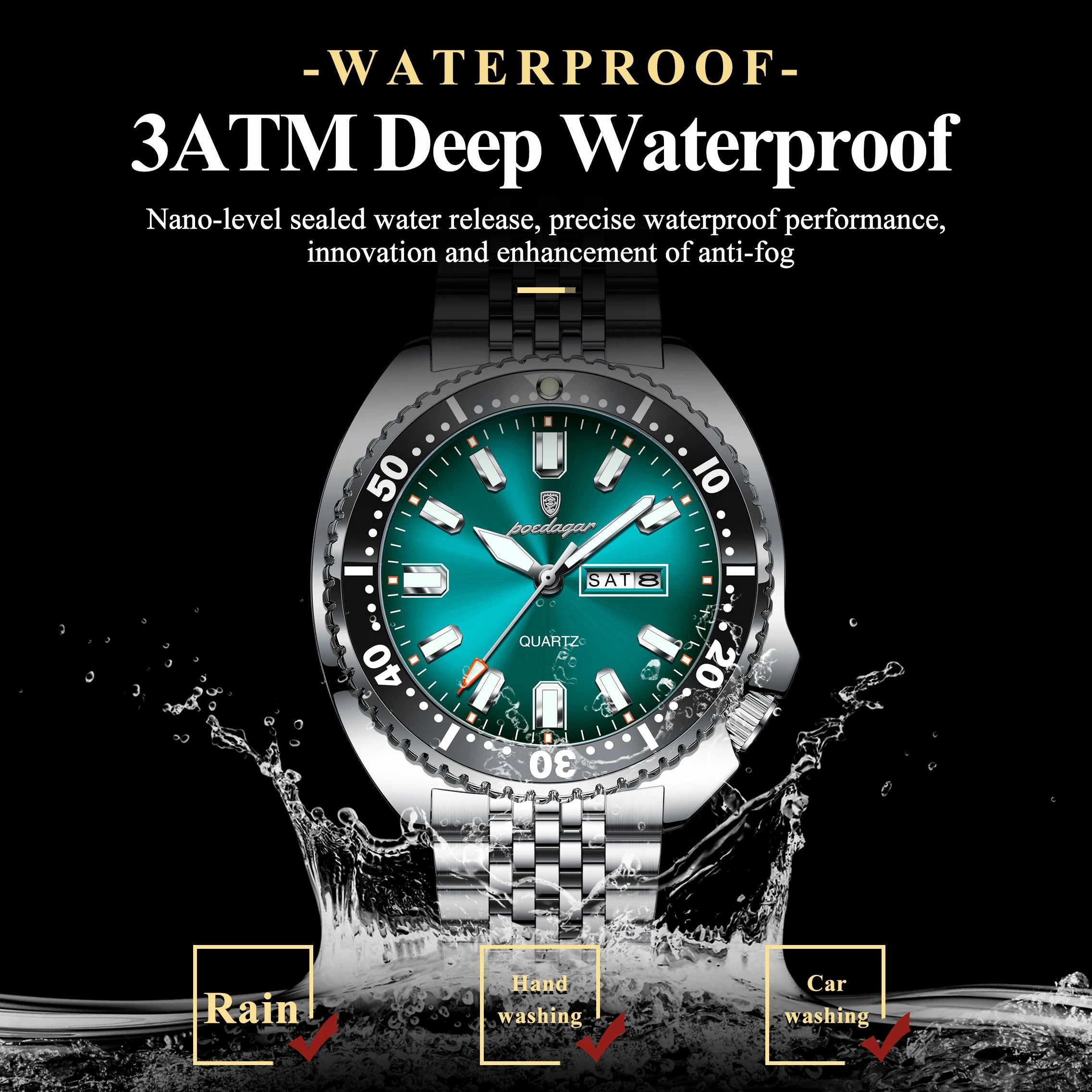 Stainless Steel Business Men Date-Week Waterproof Luminous Luxury Man Wristwatch
