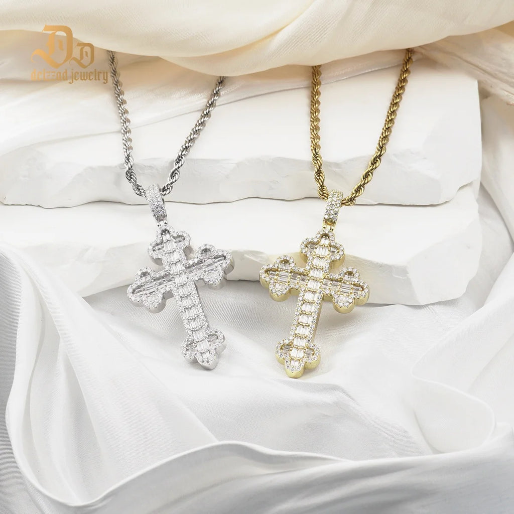 Delzzad 100% S925 Sterling Silver Moissanite Plant Petal Cross Pendant Unisex Shiny High-end Luxury Jewelry Anniversary Party