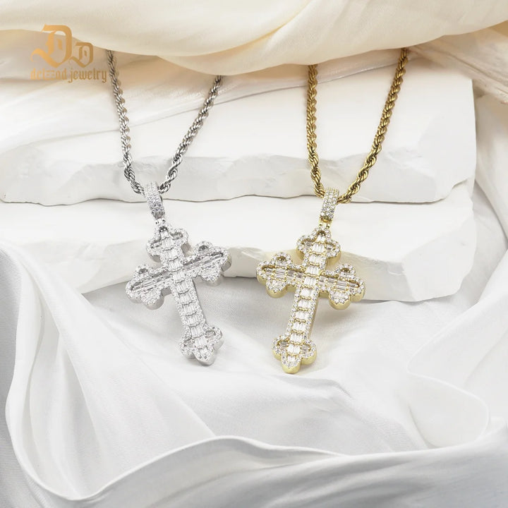 Delzzad 100% S925 Sterling Silver Moissanite Plant Petal Cross Pendant Unisex Shiny High-end Luxury Jewelry Anniversary Party