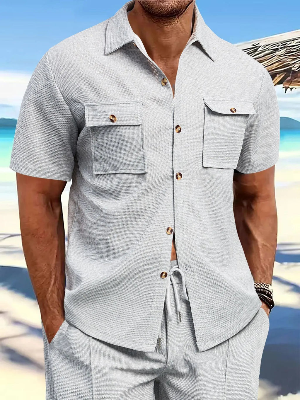New Summer men's short-sleeved Waffle solid color casual double-pocket short-sleeved shirt
