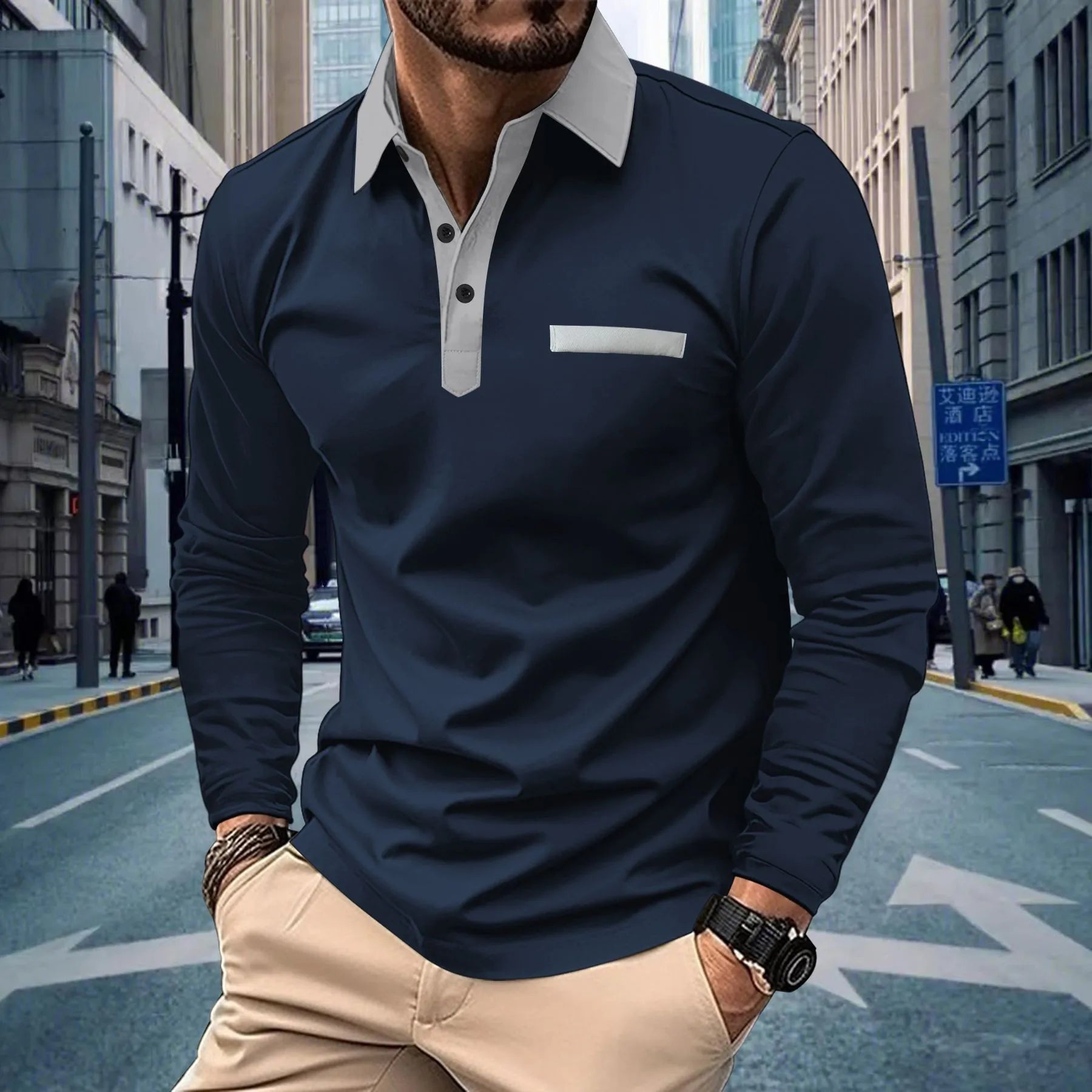 2025 new spring and autumn men with solid color casual button lapel long sleeve pocket POLO shirt shirt