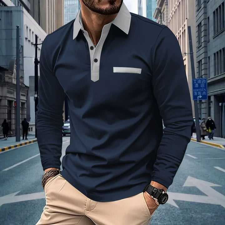 2025 new spring and autumn men with solid color casual button lapel long sleeve pocket POLO shirt shirt