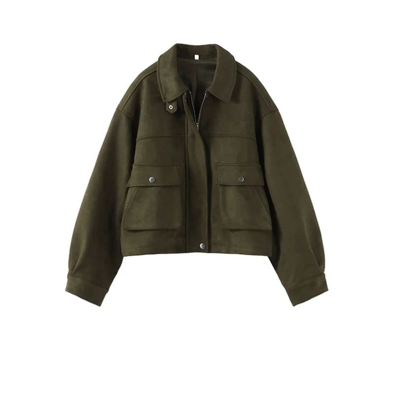 Vintage Turn-down Suede Jacket with Breasted Pocket