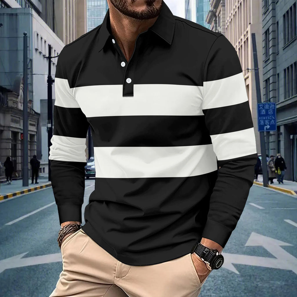 2025 autumn men's top hot selling new long-sleeved striped lapel casual T-shirt POLO shirt