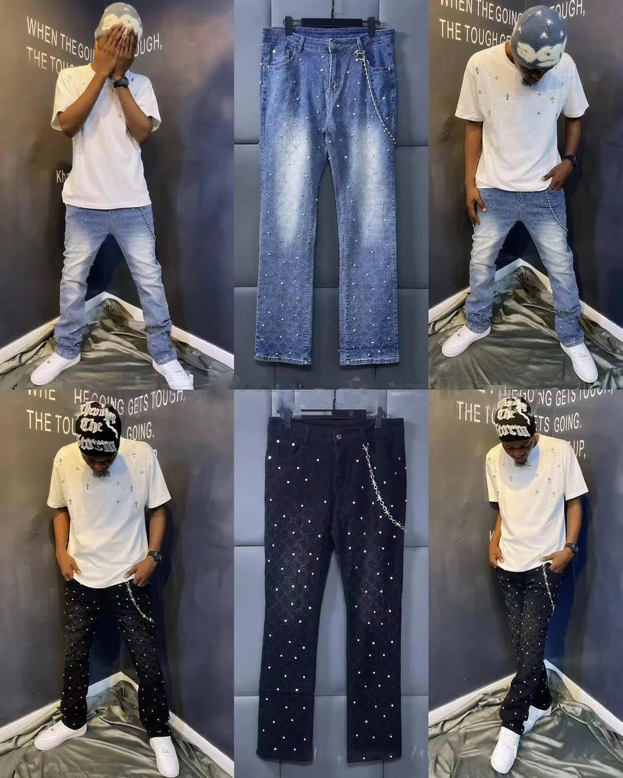 Blue Stretchy Stacked Pearls Skinny Jeans For Men 2024