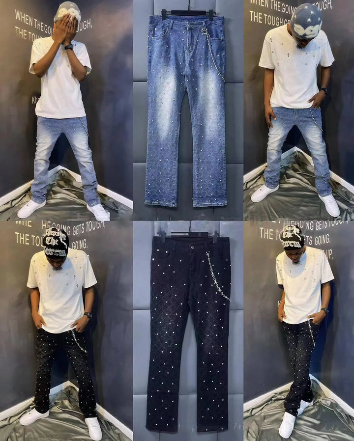 Blue Stretchy Stacked Pearls Skinny Jeans For Men 2024