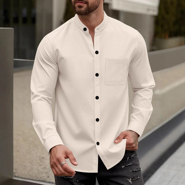 Men's waffle pure color cardigan button-up stand-up top
