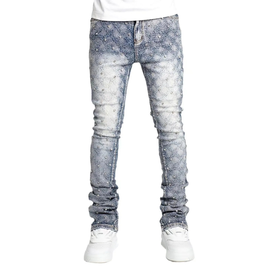 Blue Stretchy Stacked Pearls Skinny Jeans For Men 2024