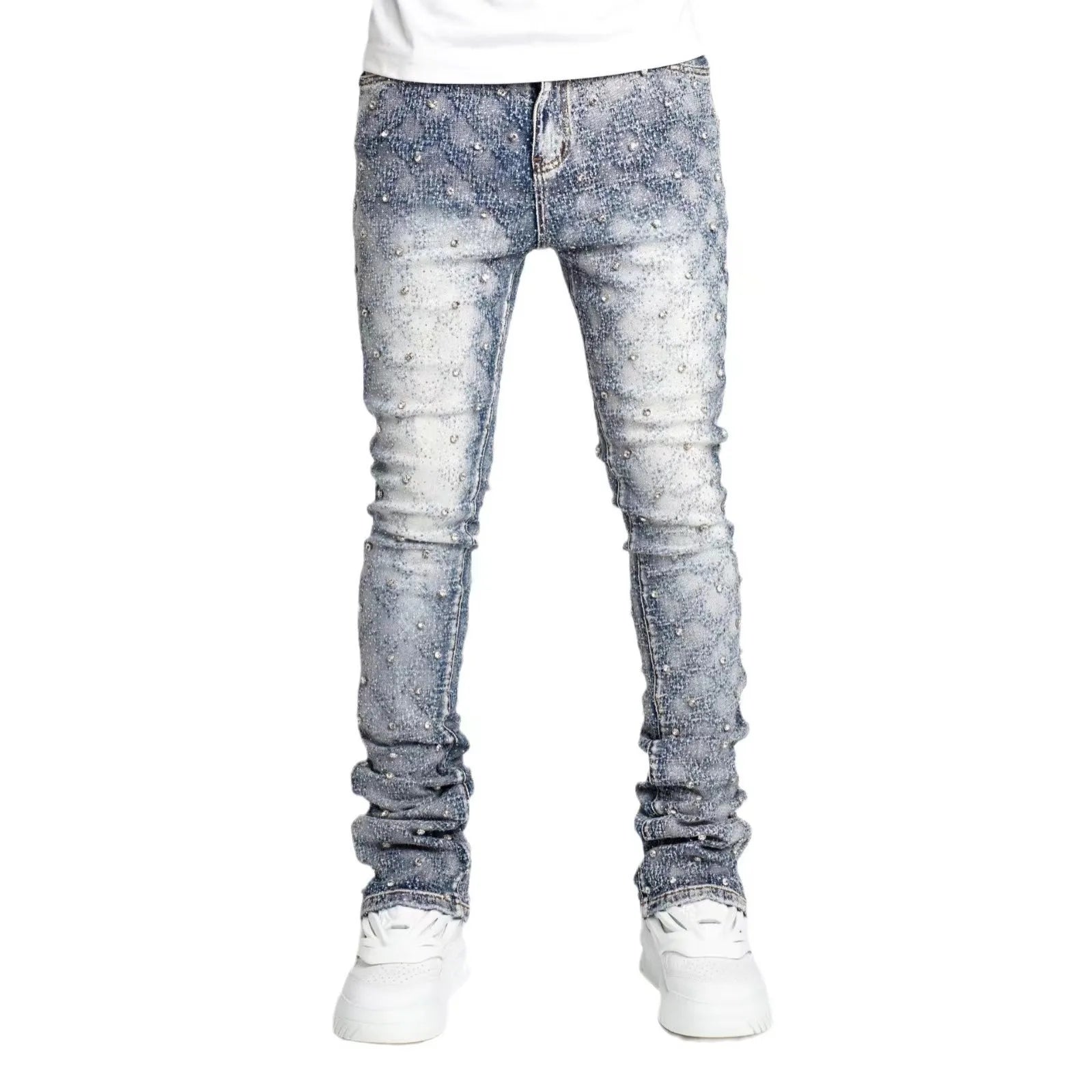 Blue Stretchy Stacked Pearls Skinny Jeans For Men 2024