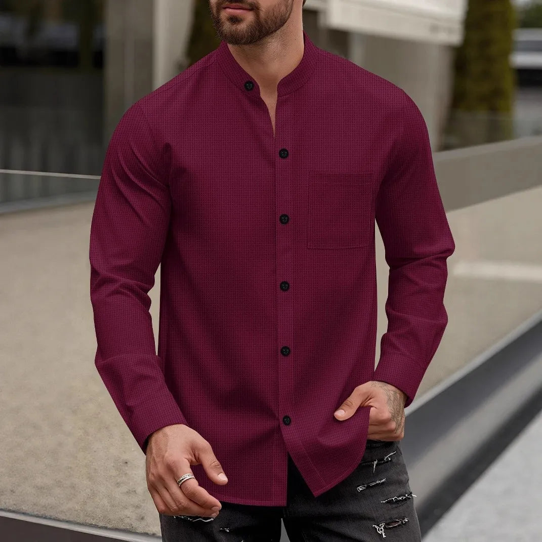 Men's waffle pure color cardigan button-up stand-up top
