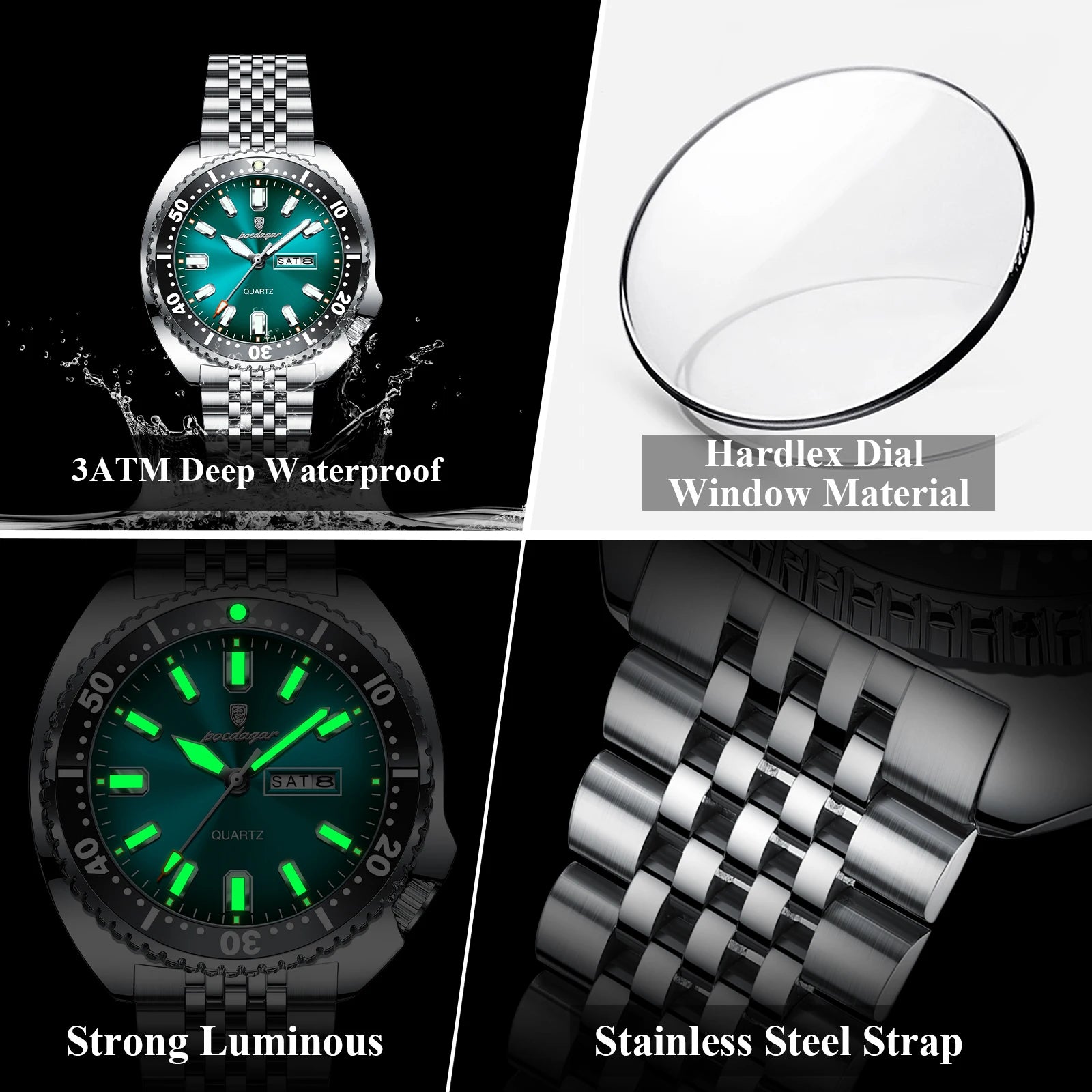 Stainless Steel Business Men Date-Week Waterproof Luminous Luxury Man Wristwatch