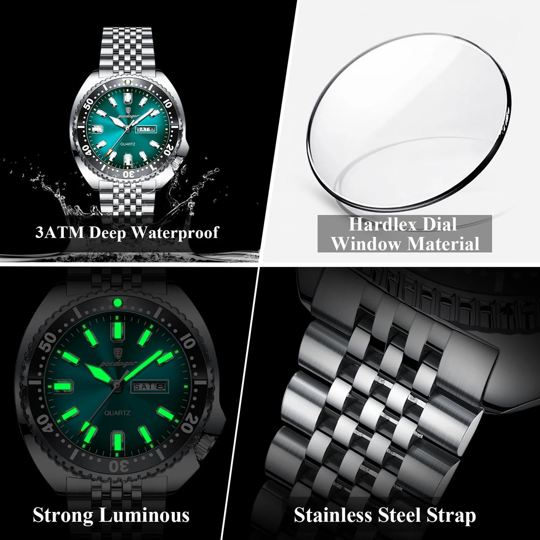 Stainless Steel Business Men Date-Week Waterproof Luminous Luxury Man Wristwatch