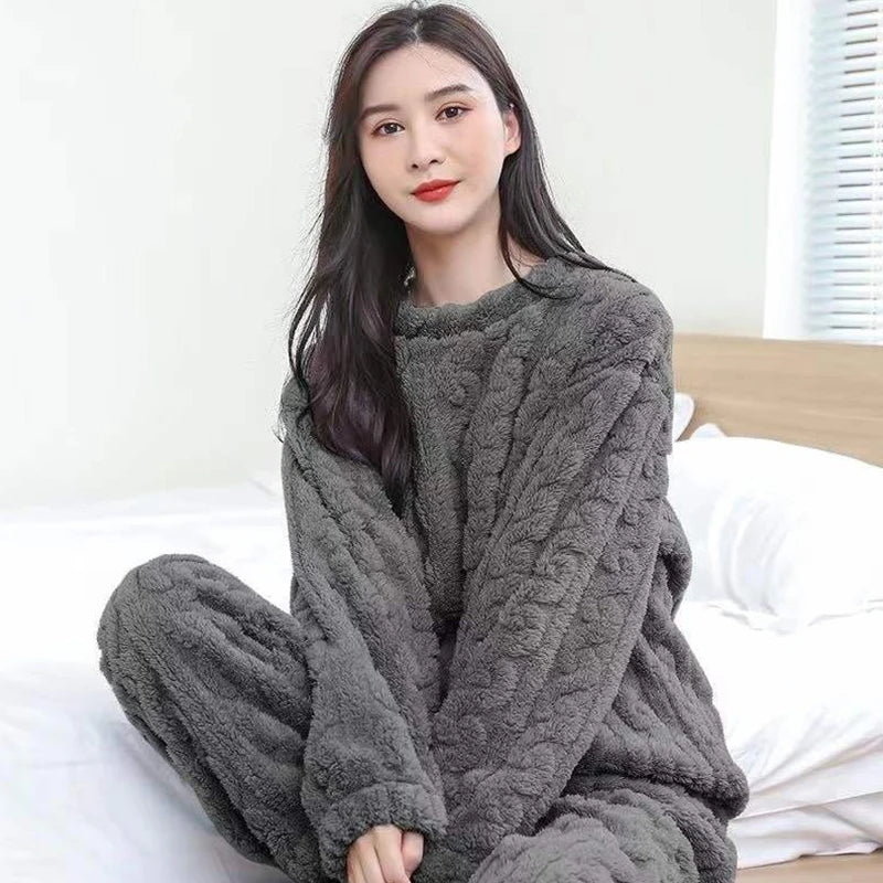 Solid Warm Velvet 2 Piece Set Fleece Pullover