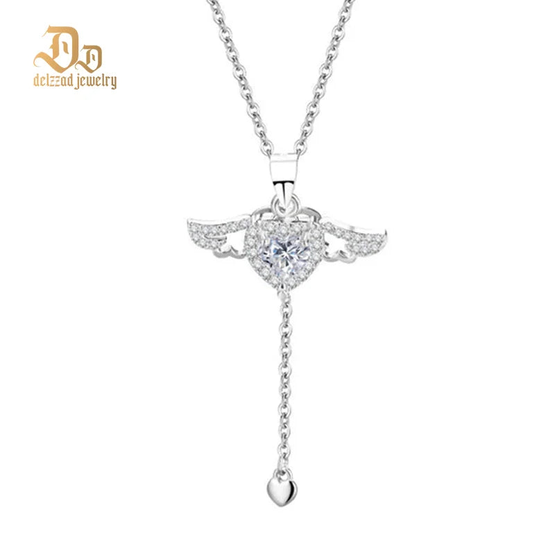 Delzzad 100% S925 Sterling Silver Irregular VVS Moissanite 1ct Cute Angel Pendant Simple Necklace Shiny Luxury Boutique Jewelry