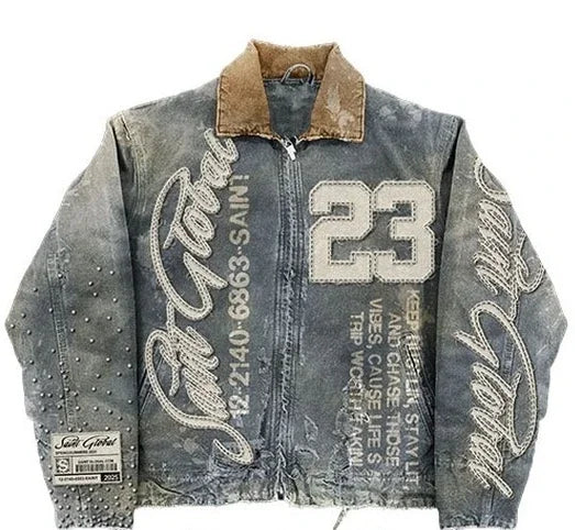American Vintage Embroidered Leather Jacket Y2K Style