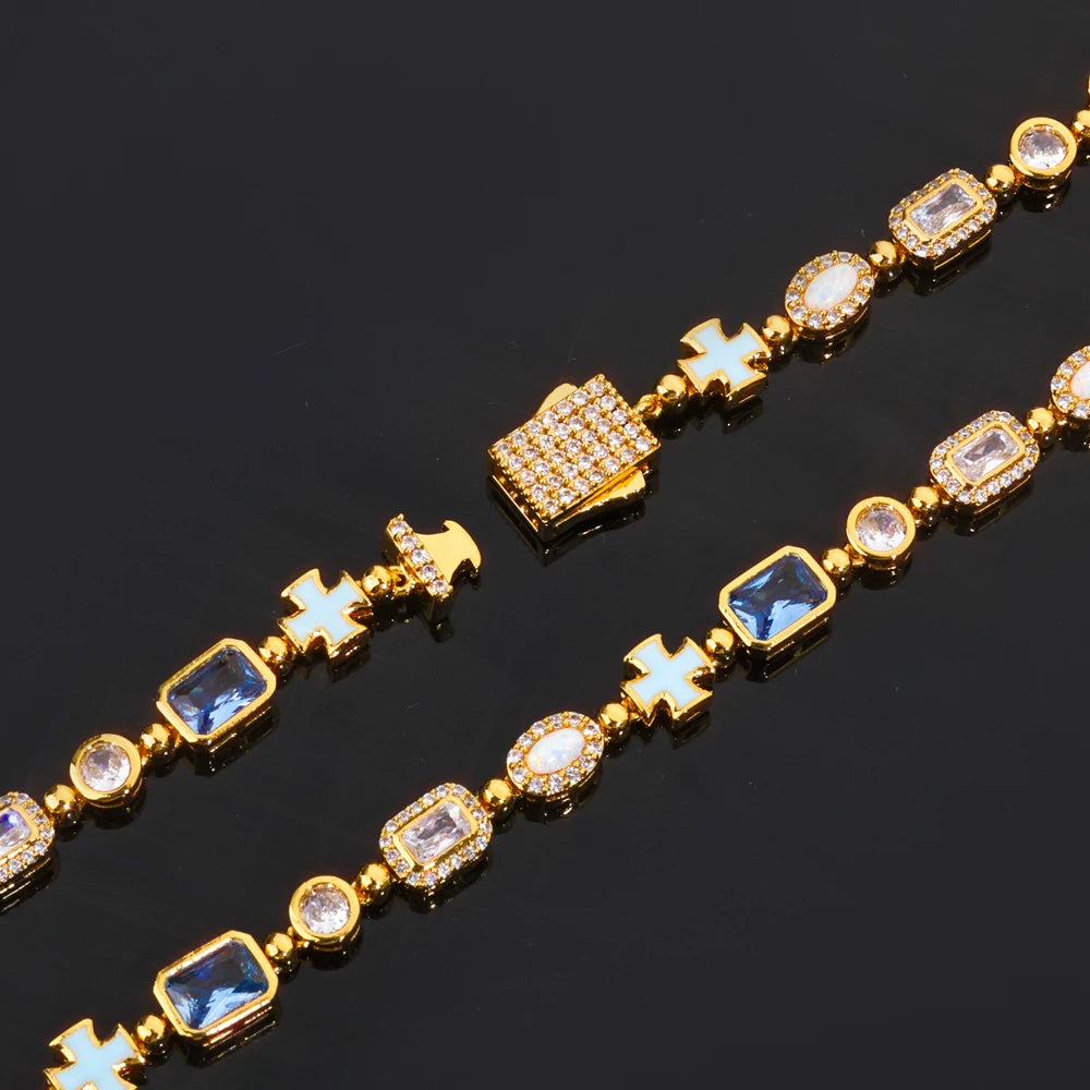 Geometric Oil Drip Blue Cross Bracelet in 6mm Iced Out