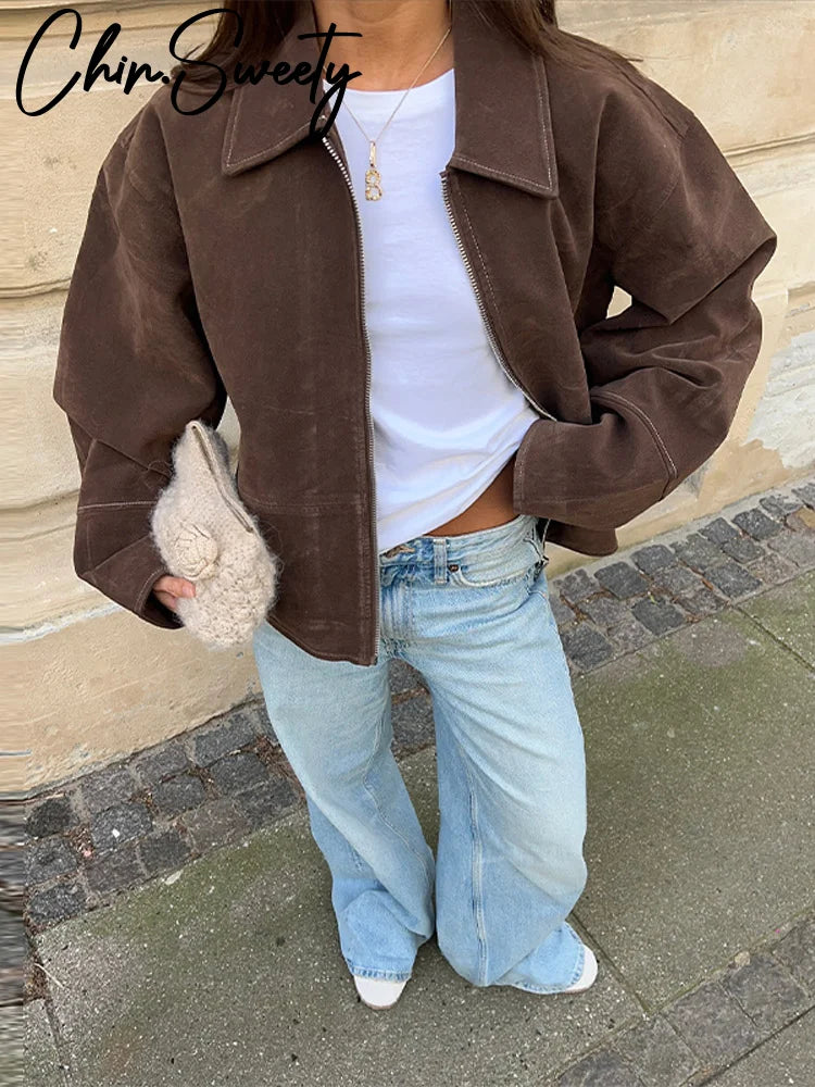 Premium Brown Loose Fit Suede Street Outwear Jacket