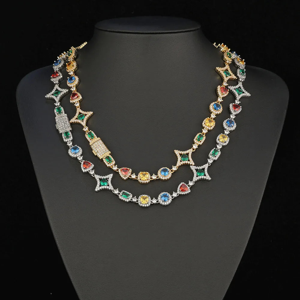 Sparkling Colored Zircon Iced Out Crystal Necklace and Bracelet