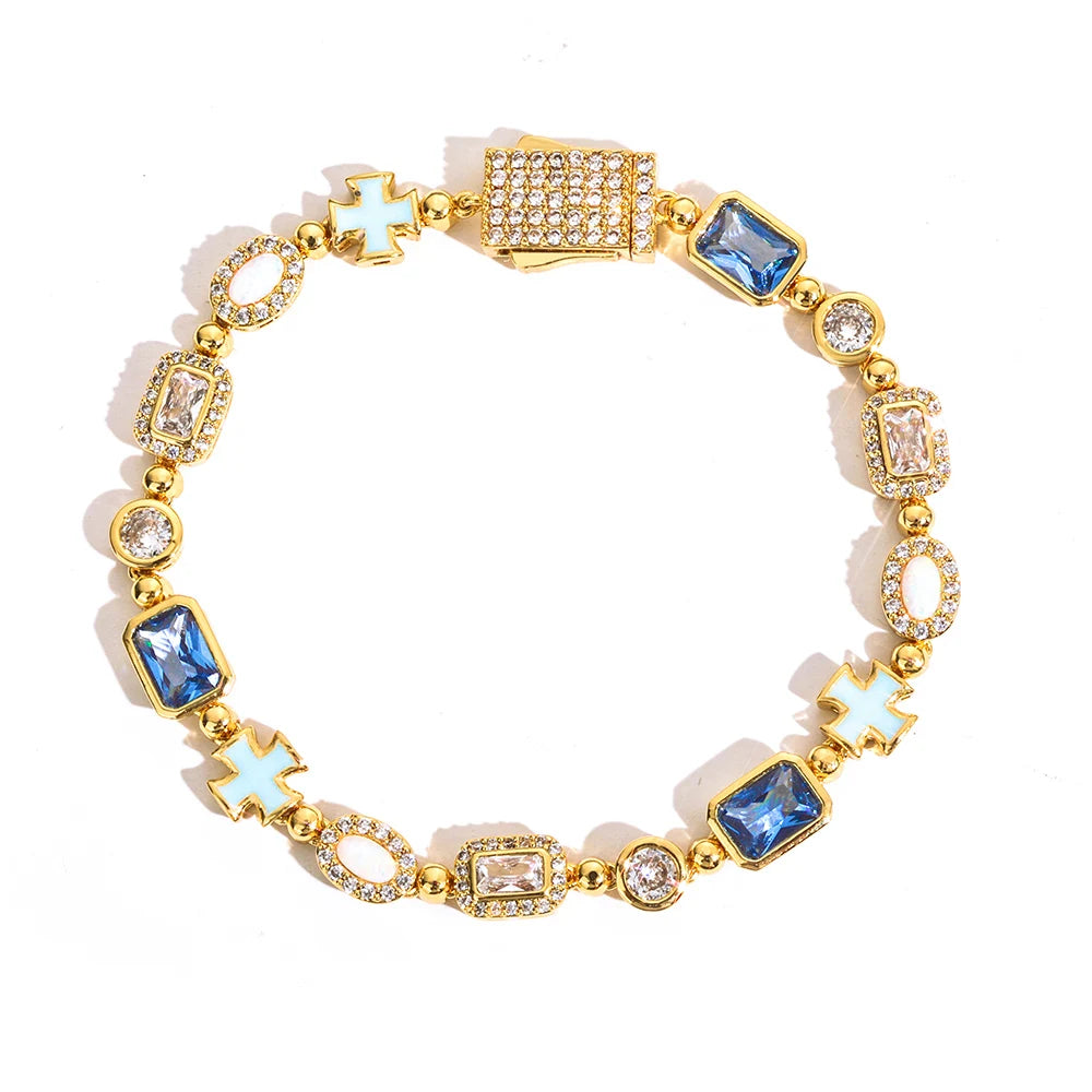 Geometric Oil Drip Blue Cross Bracelet in 6mm Iced Out