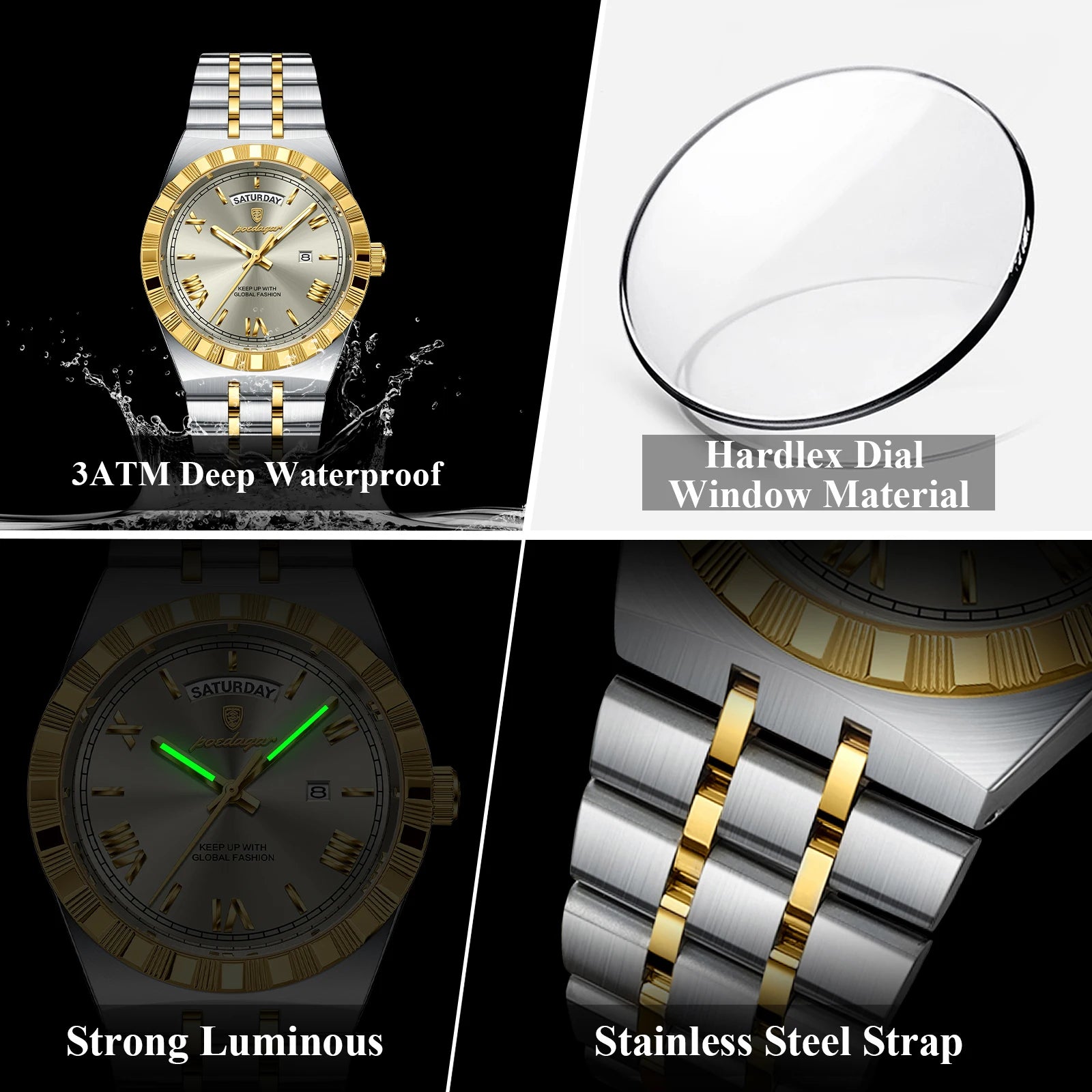 Business Man Watch with Date-Week Waterproof Quartz Material