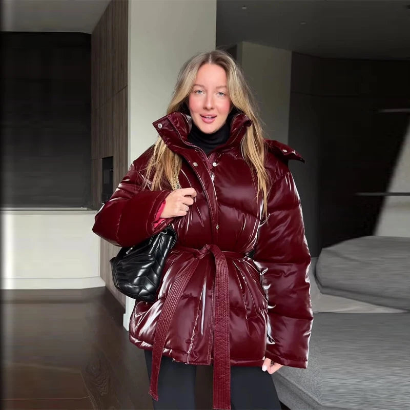 Shiny Colored Women's Down Hooded Winter Jacket with Waist-Defining Belt
