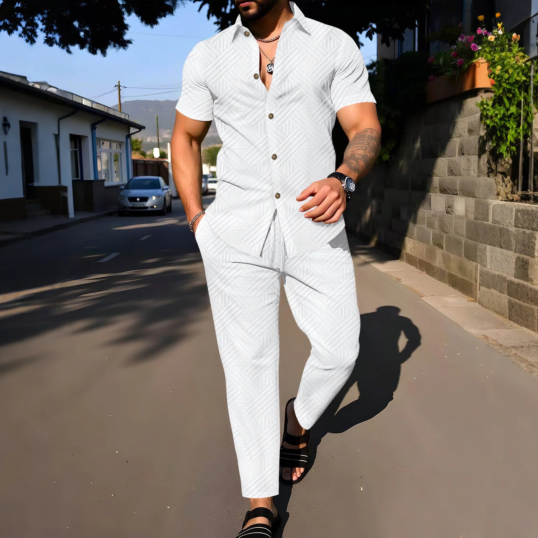 fashionable and trendy two-piece short-sleeved shirt with long pants