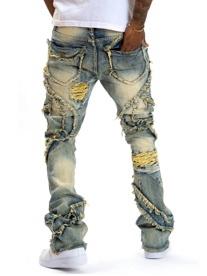 Ripped Stacked Distressed Slim Straight Leg Jeans