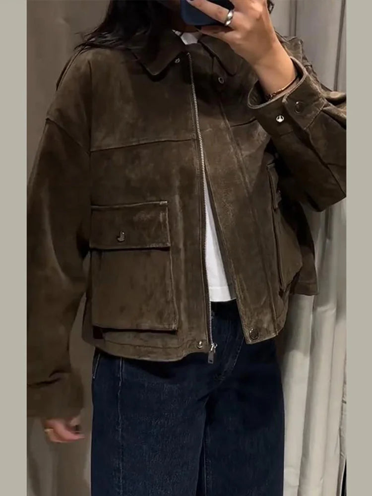 Vintage Turn-down Suede Jacket with Breasted Pocket