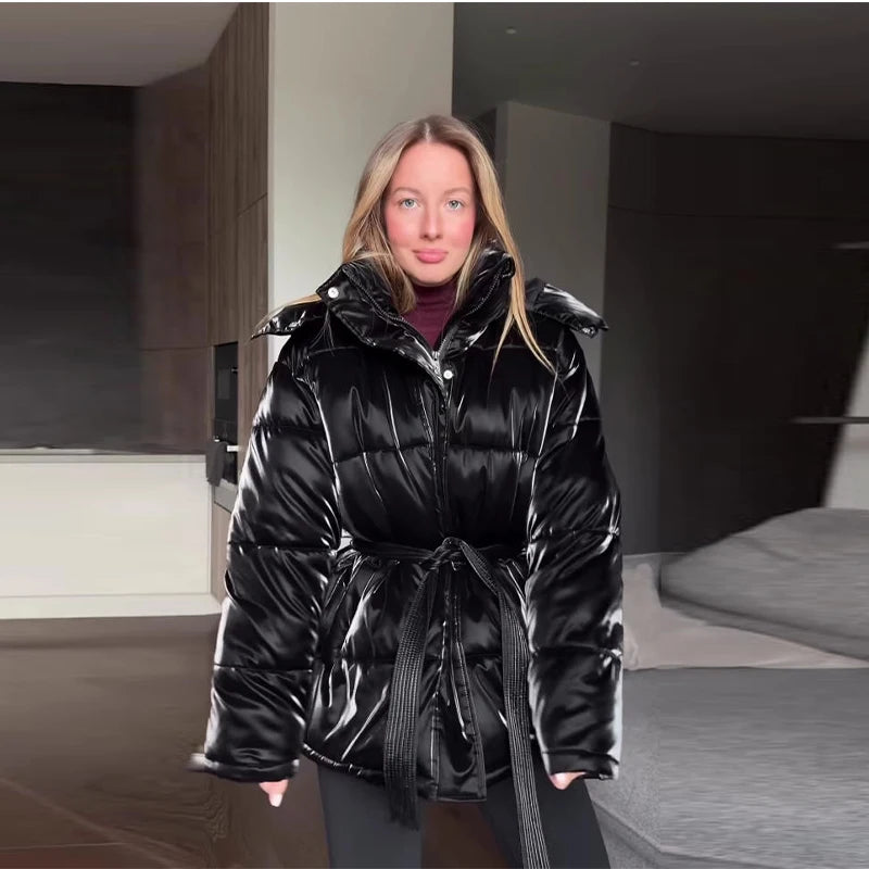Shiny Colored Women's Down Hooded Winter Jacket with Waist-Defining Belt
