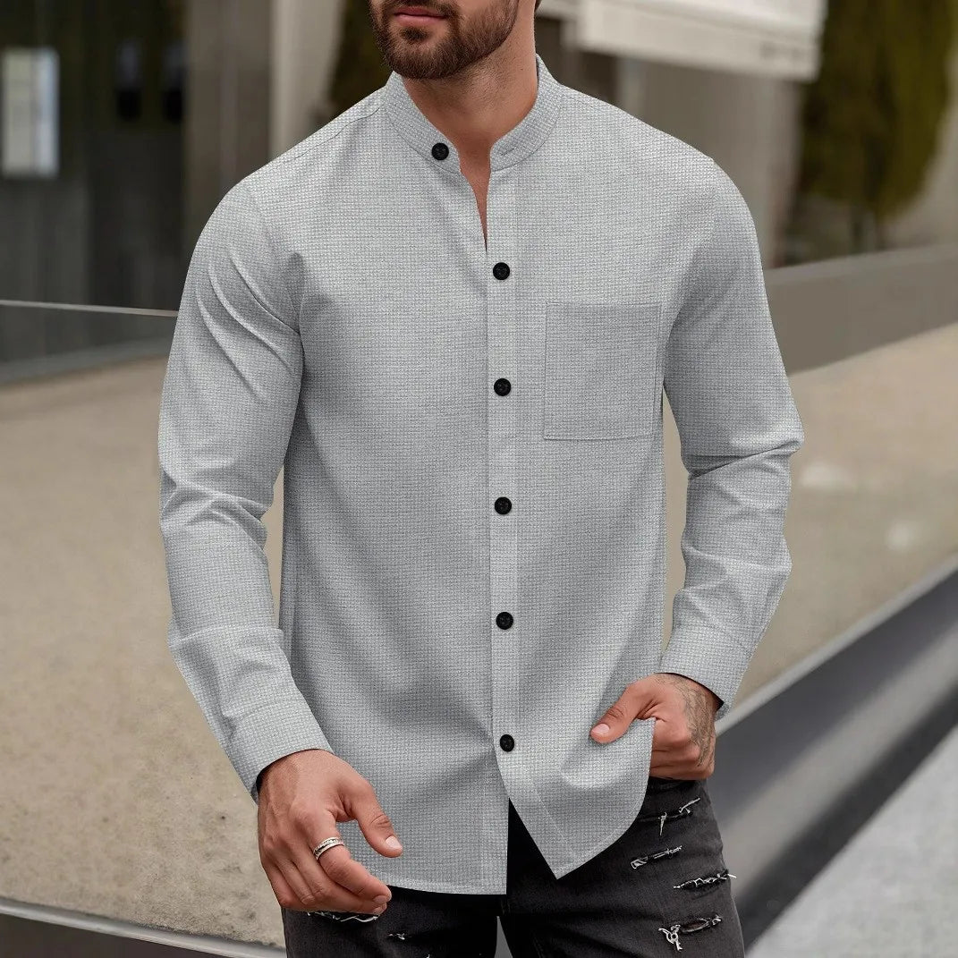 Men's waffle pure color cardigan button-up stand-up top