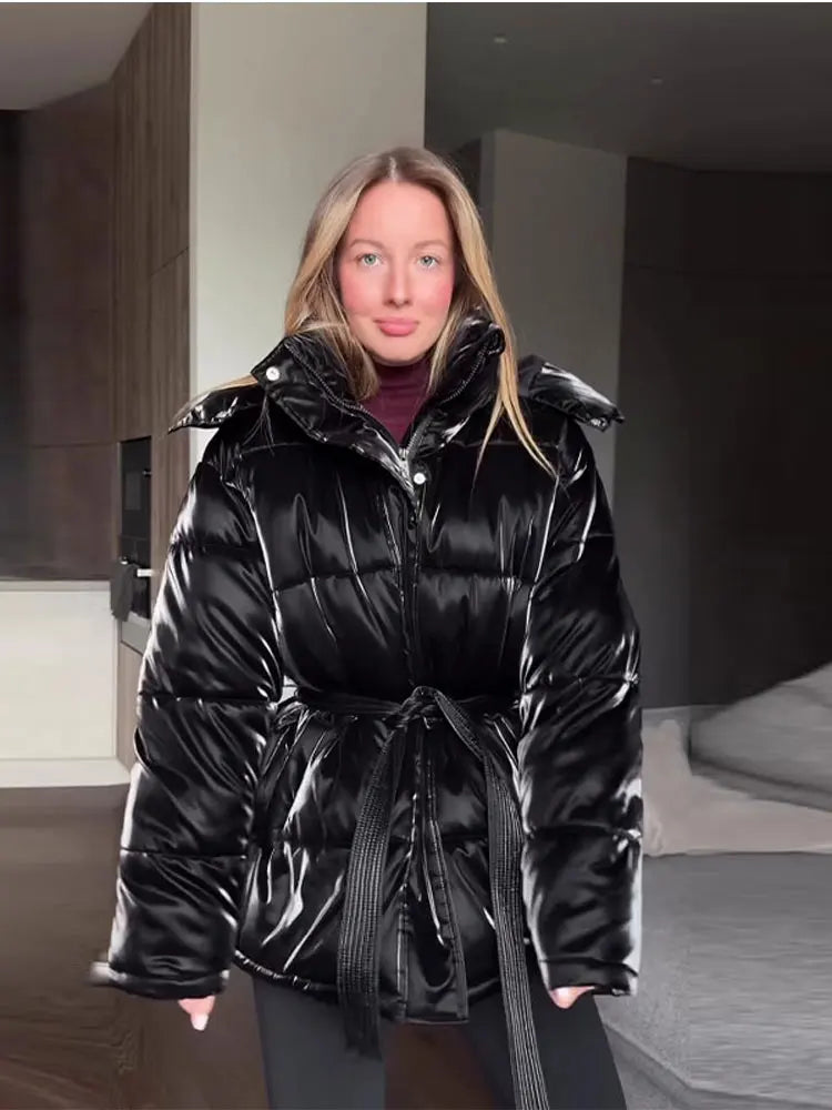 Shiny Colored Women's Down Hooded Winter Jacket with Waist-Defining Belt