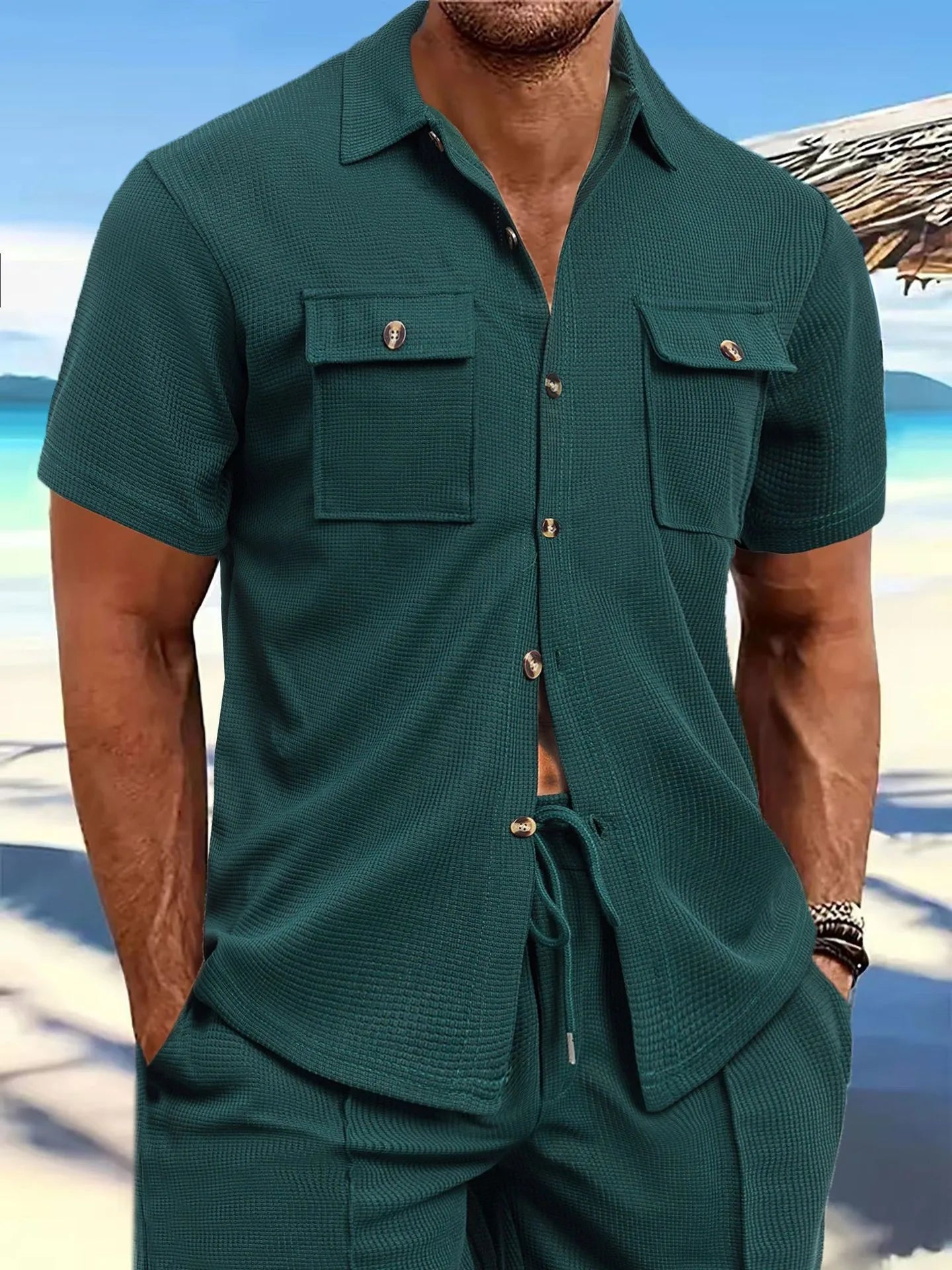 New Summer men's short-sleeved Waffle solid color casual double-pocket short-sleeved shirt