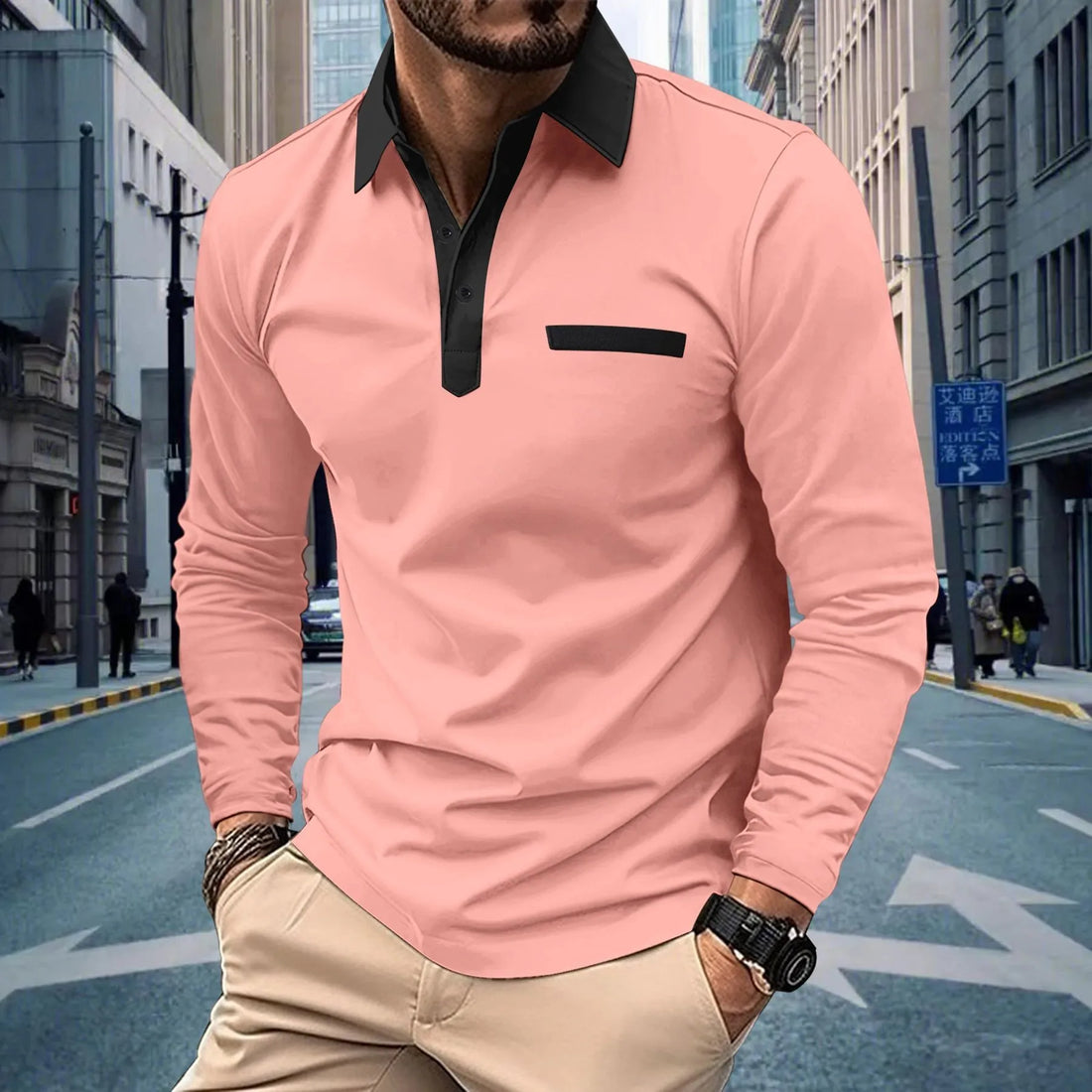 2025 new spring and autumn men with solid color casual button lapel long sleeve pocket POLO shirt shirt